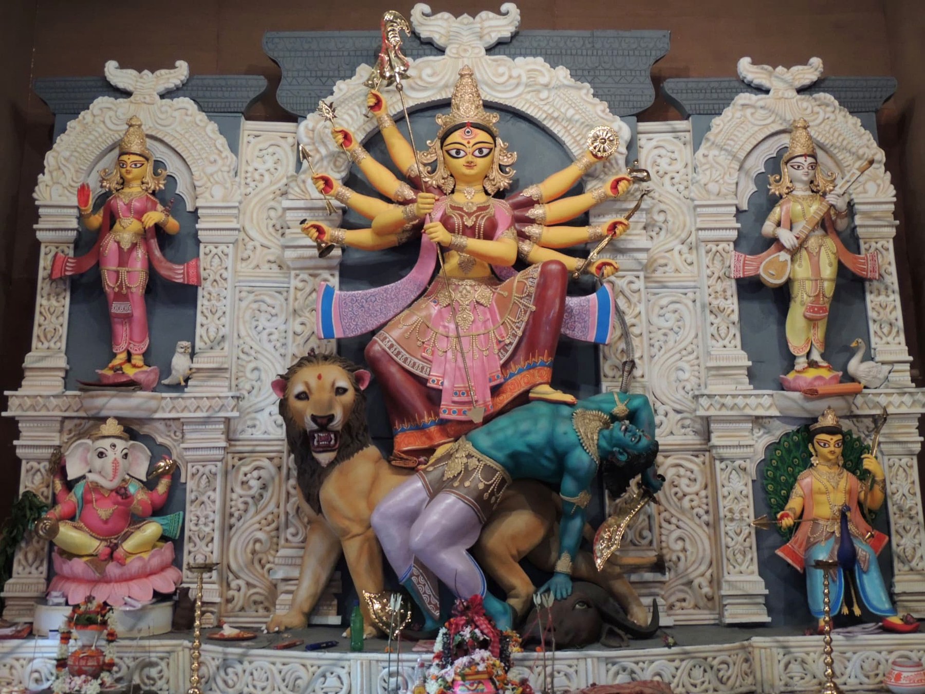 Durga Idol in White Shola Decoration, Kolkata, West Bengal
