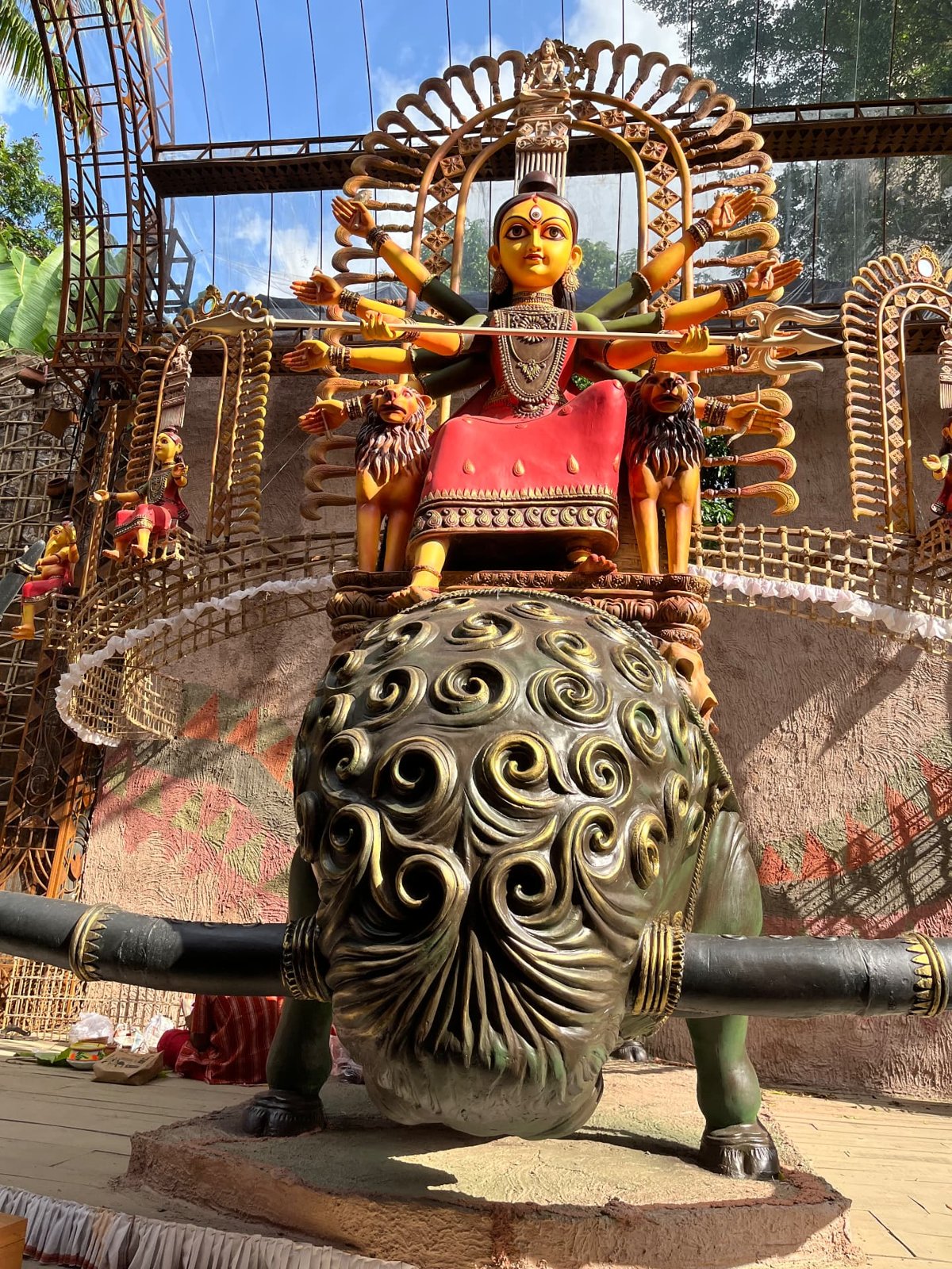 Durga on Lion Throne with Bamboo Halo, Kolkata, West Bengal