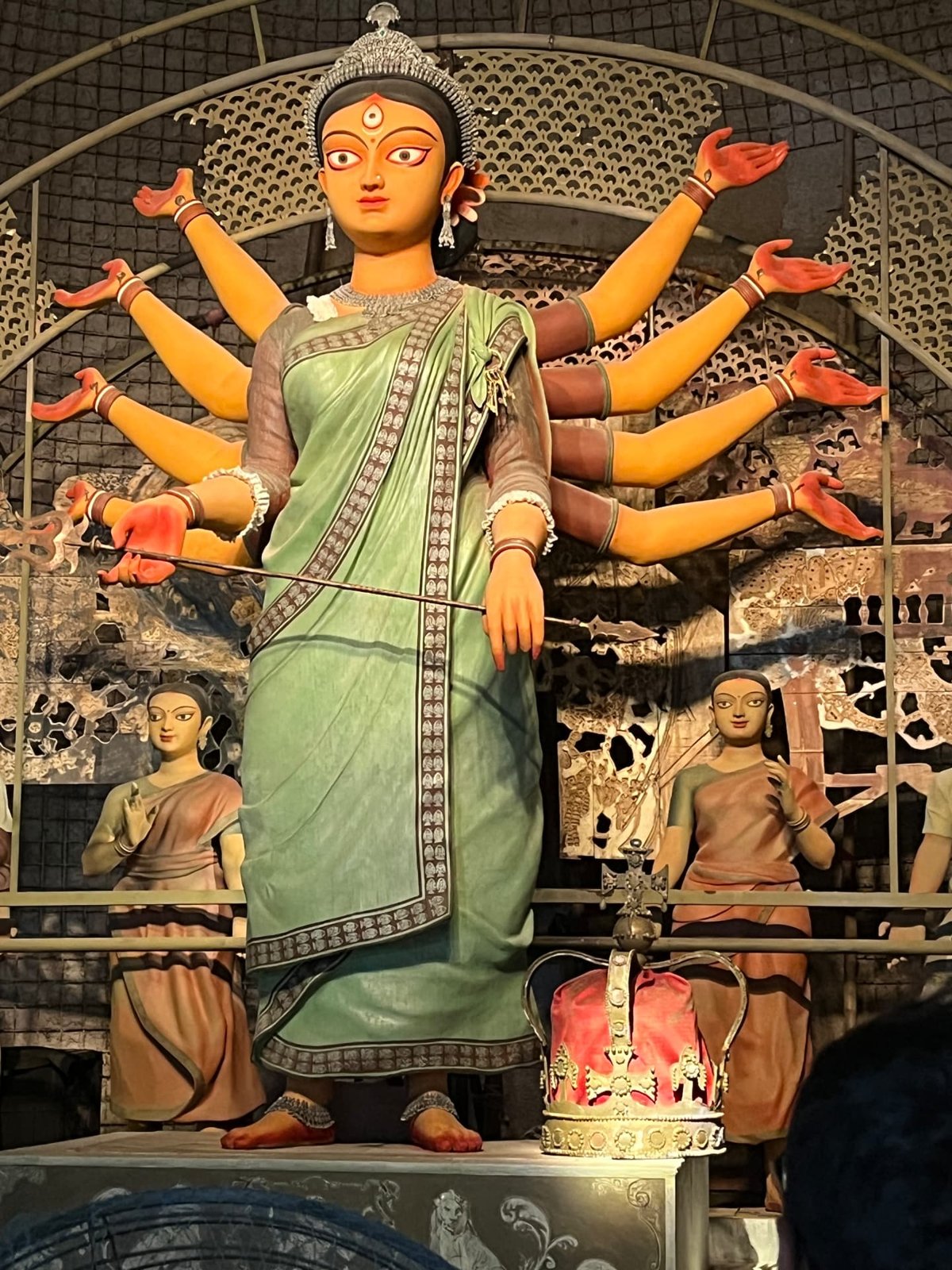 Green-Saree Durga with Silver Crown, Kolkata, West Bengal