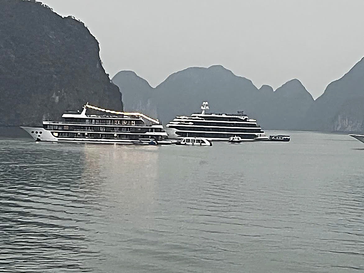 Lit Cruise Liners at Dusk, Ha Long Bay, Vietnam